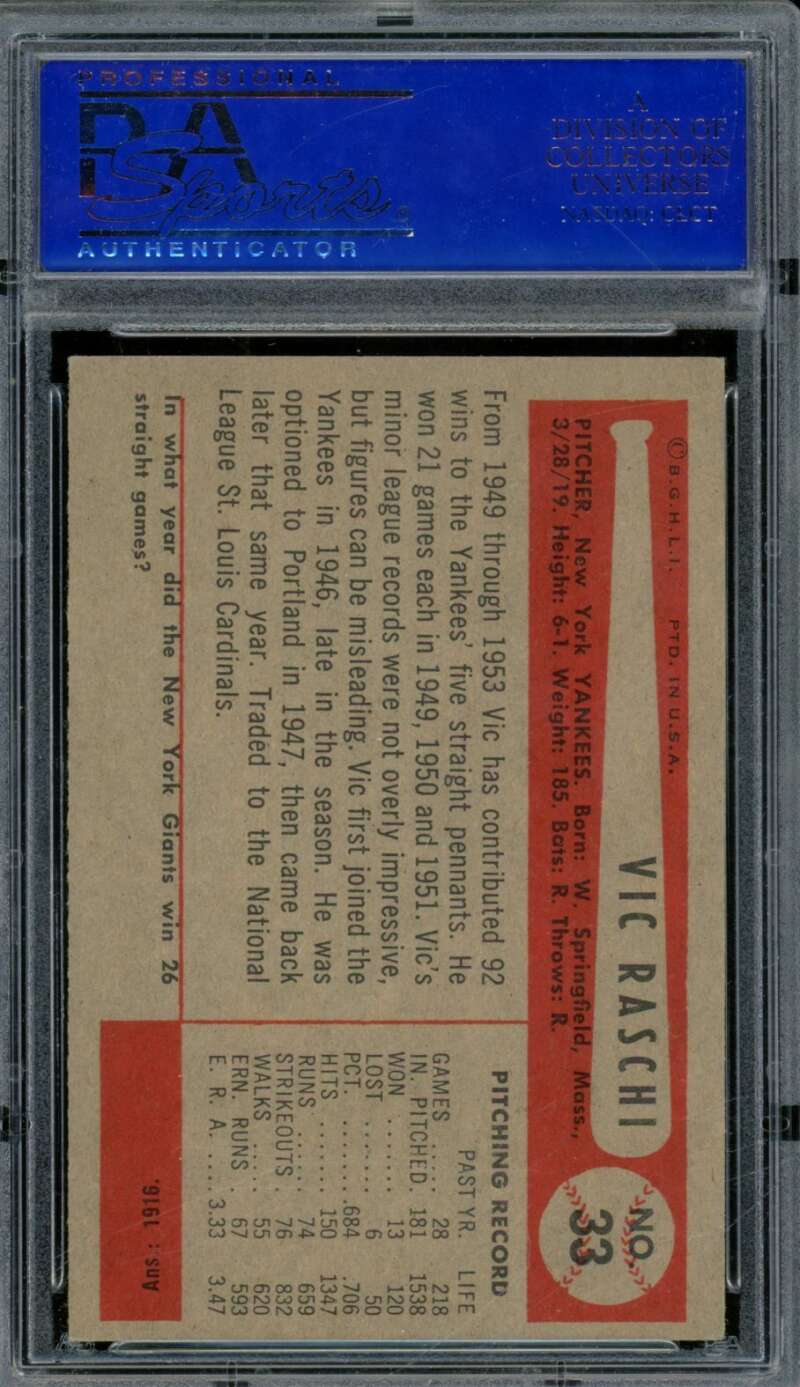 Victor Raschi Card 1954 Bowman No Traded Line #33 PSA 7 Image 2