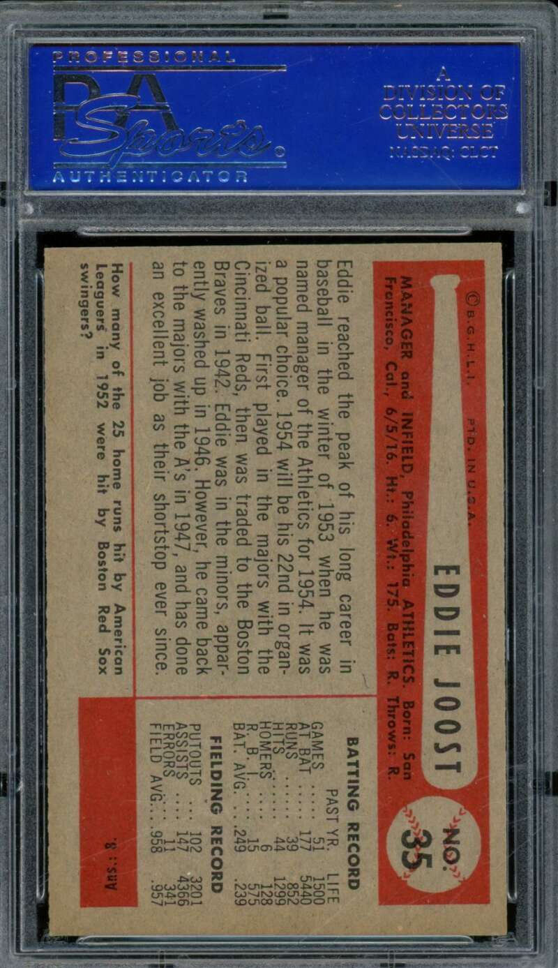 Eddie Joost Card 1954 Bowman #35 PSA 8 Image 2