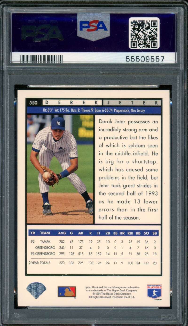 Derek Jeter Card 1994 Upper Deck Top Prospects #550 PSA 9 Image 2
