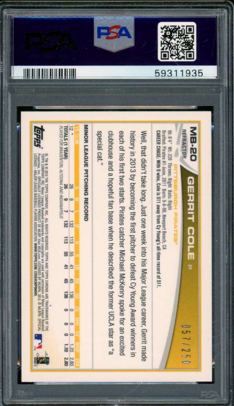 Gerrit Cole Rookie Card 2013 Topps Chrome Update Gold Refractor #MB-20 PSA 9 Image 2