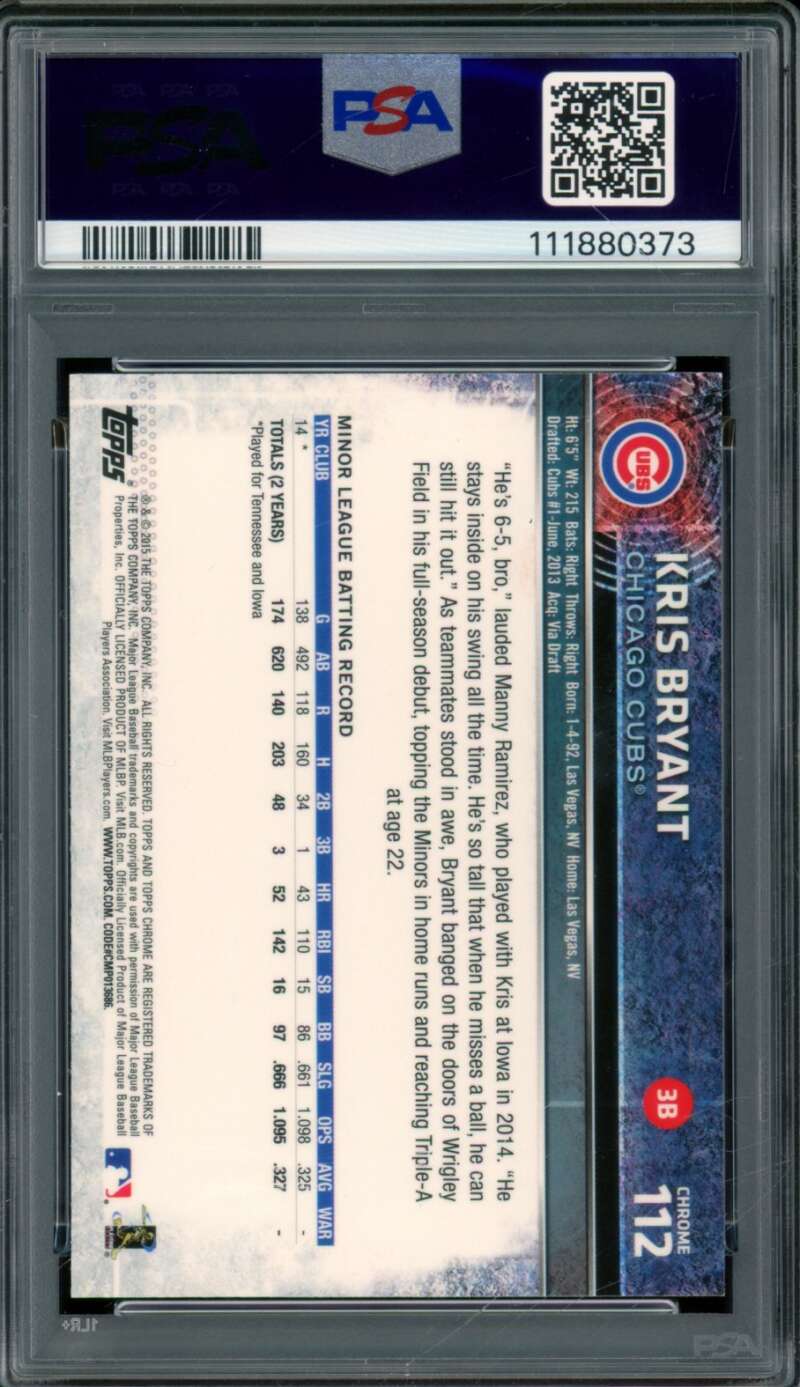 Kris Bryant Rookie Card 2015 Topps Chrome Refractor #112 PSA 10 Image 2