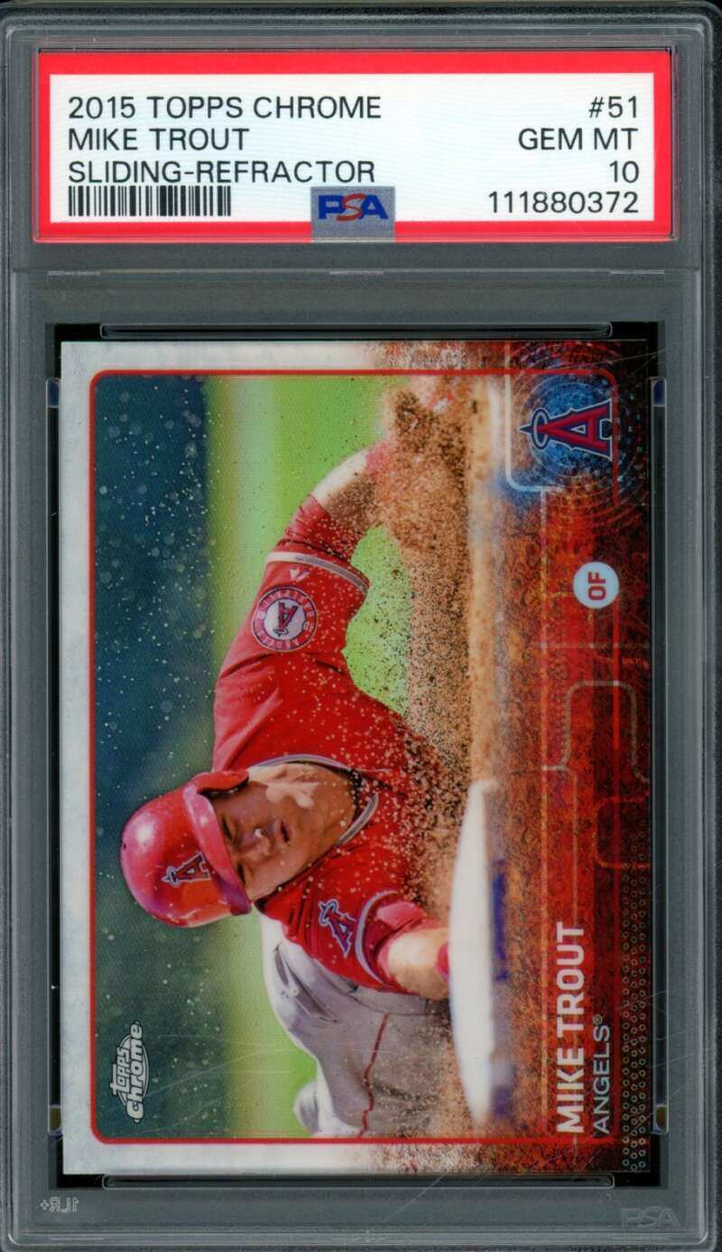 Mike Trout Card 2015 Topps Chrome Sliding Refractor #51 PSA 10 Image 1