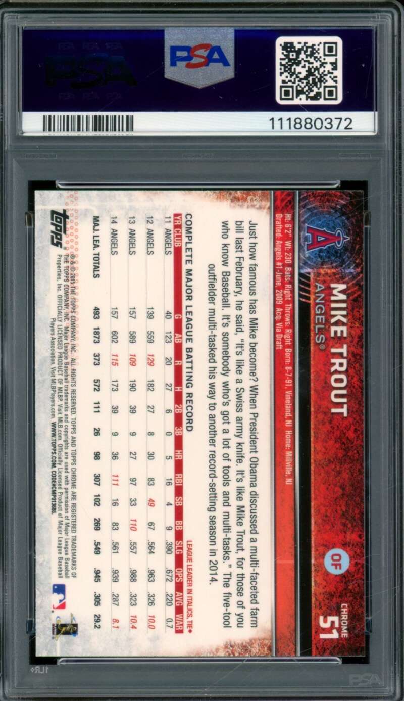 Mike Trout Card 2015 Topps Chrome Sliding Refractor #51 PSA 10 Image 2