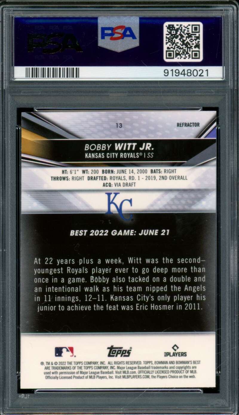 Bobby Witt Jr. Rookie Card 2022 Bowman's Best Refractor #13 PSA 8 Image 2