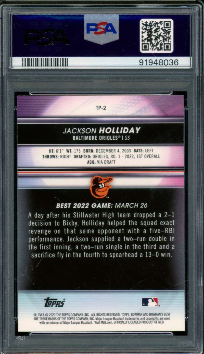 Jackson Holliday Rookie Card 2022 Bowman's Best Top Prospects #TP-2 PSA 8 Image 2