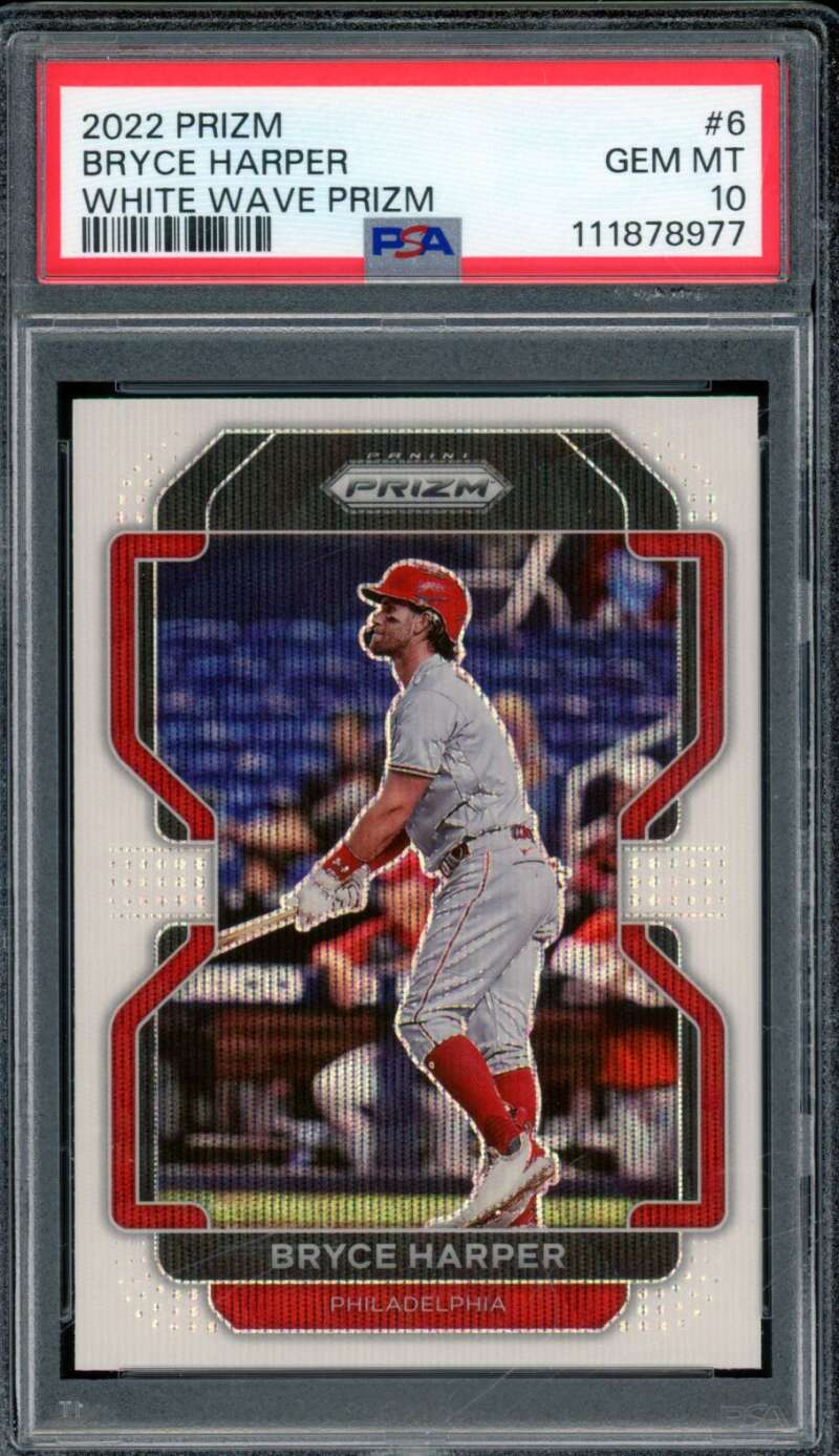 Bryce Harper Card 2022 Prizm White Wave Prizm (pop 8) #6 PSA 10 Image 1