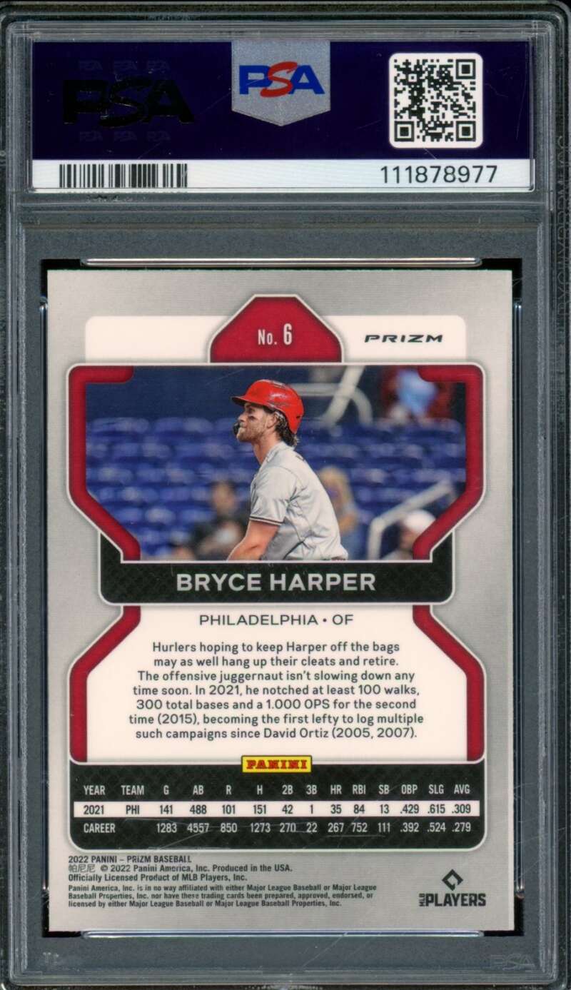 Bryce Harper Card 2022 Prizm White Wave Prizm (pop 8) #6 PSA 10 Image 2