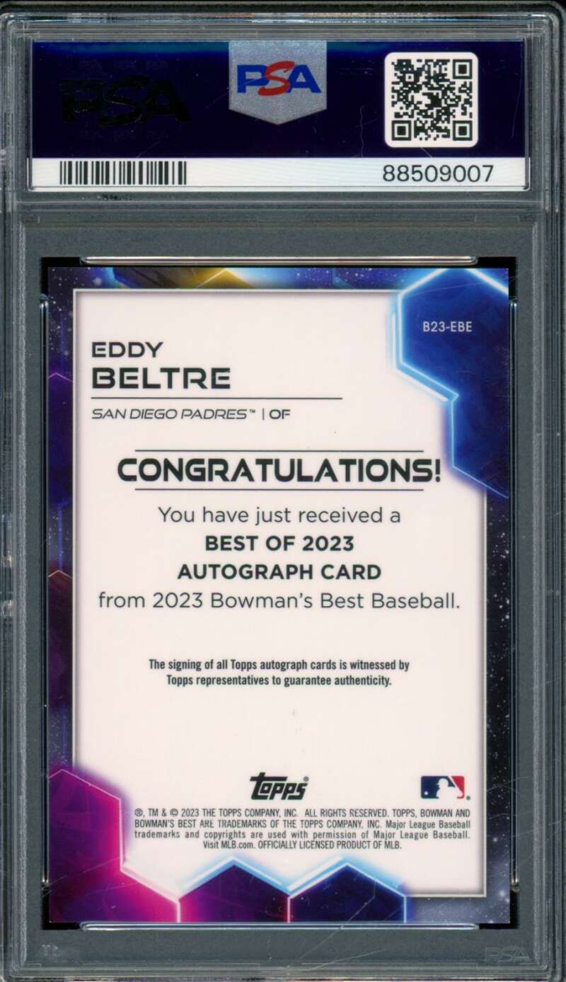 Eddy Beltre Rookie 2023 Bowman's Best Best Of 2023 Autograph Blue #B23EBE PSA 9 Image 2