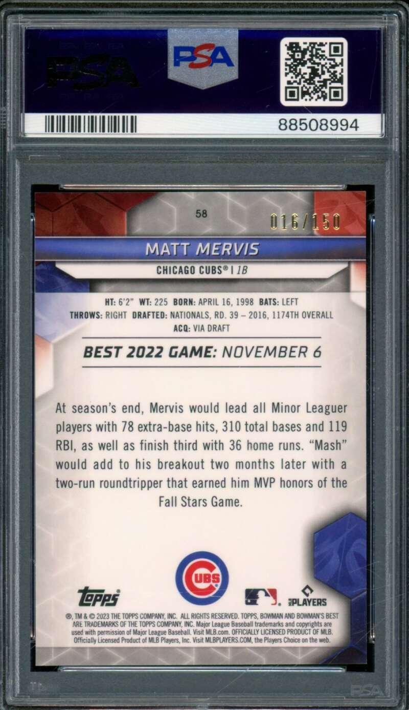 Matt Mervis Rookie Card 2023 Bowman's Best Blue (pop 1) #58 PSA 10 Image 2