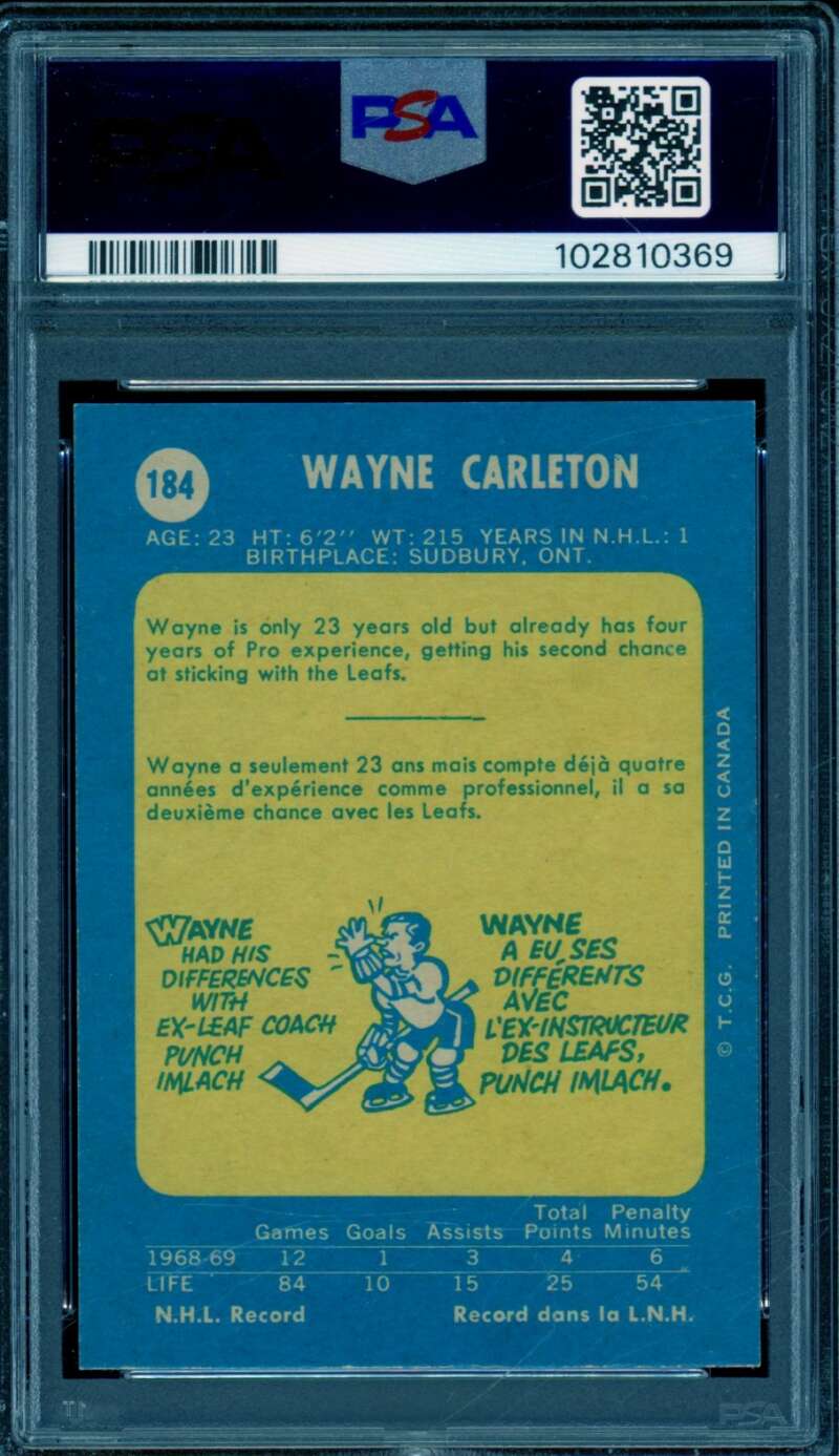 Wayne Carleton Card 1969-70 O-Pee-Chee #184 PSA 6 Image 2