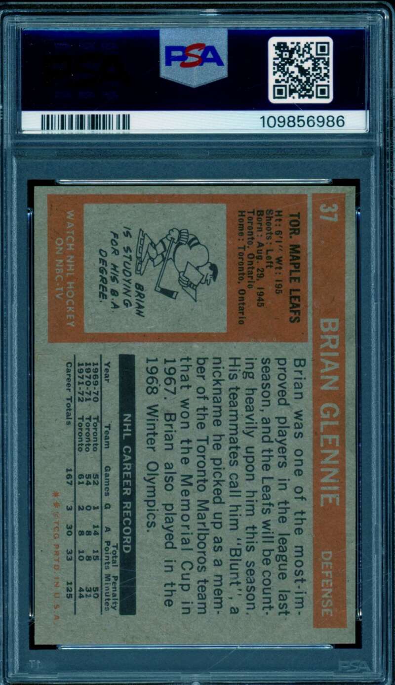 Brian Glennie Card 1972-73 Topps #37 PSA 4 Image 2