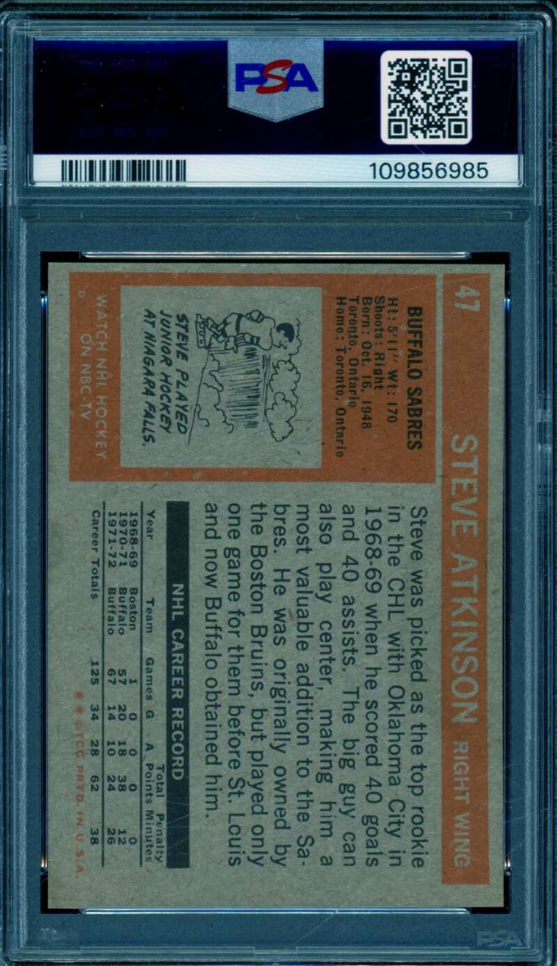 Steve Atkinson Card 1972-73 Topps #47 PSA 3 Image 2