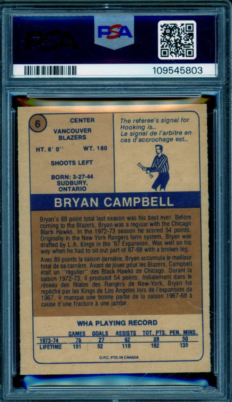 Bryan Campbell Card 1974-75 O-Pee-Chee WHA #6 PSA 5 Image 2