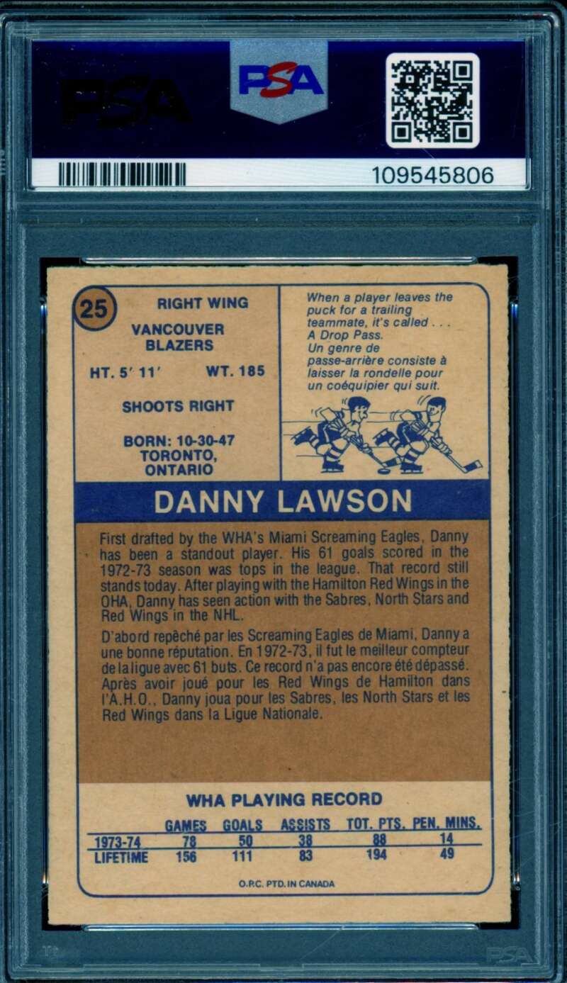 Danny Lawson Card 1974-75 O-Pee-Chee WHA #25 PSA 4 Image 2