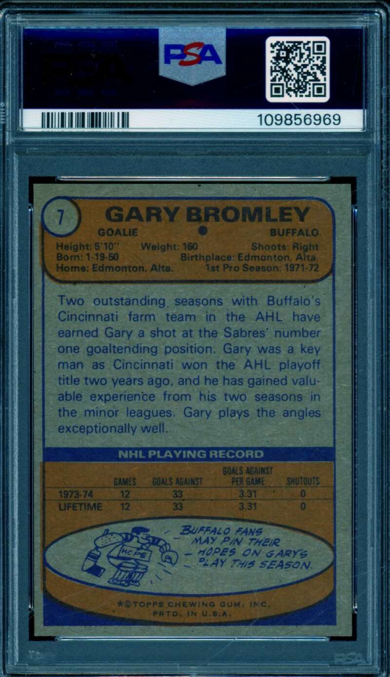 Gary Bromley Rookie Card 1974-75 Topps #7 PSA 7 Image 2