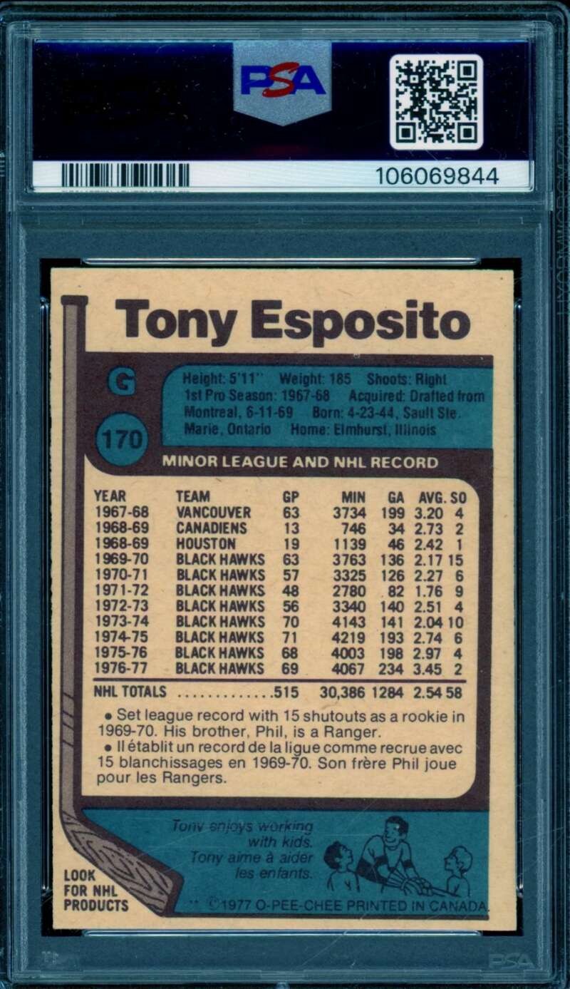 Tony Esposito Card 1977-78 O-Pee-Chee #170 PSA 6 Image 2