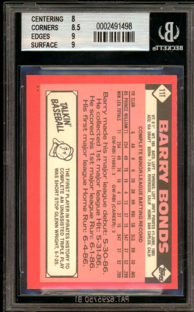 Barry Bonds Rookie Card 1986 Topps Traded #11T BGS 8.5 Image 2