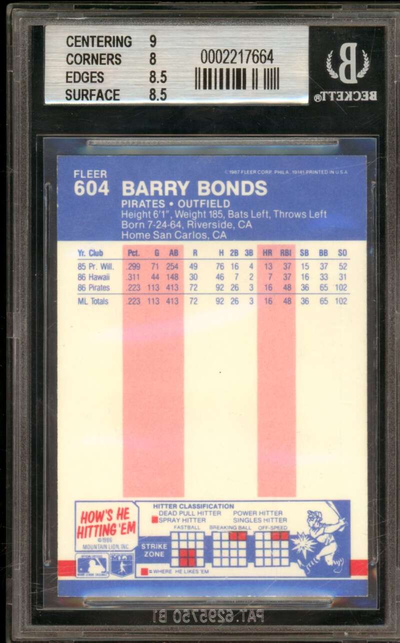 Barry Bonds Rookie Card 1987 Fleer #604 BGS 8.5 Image 2