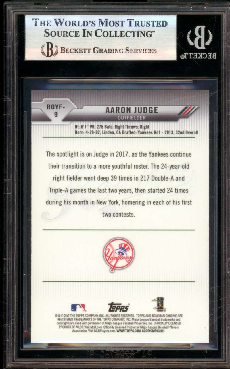 Aaron Judge Rookie 2017 Bowman Chrome ROY Favorites Refractors #ROYF9 BGS 9 Image 2