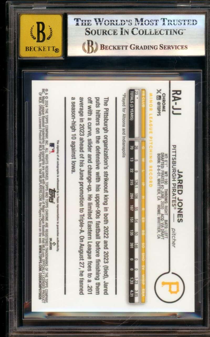 Jared Jones 2024 Topps Chrome Update Rookie Auto Black Ref (10/10) #Rajj BGS 9 Image 2