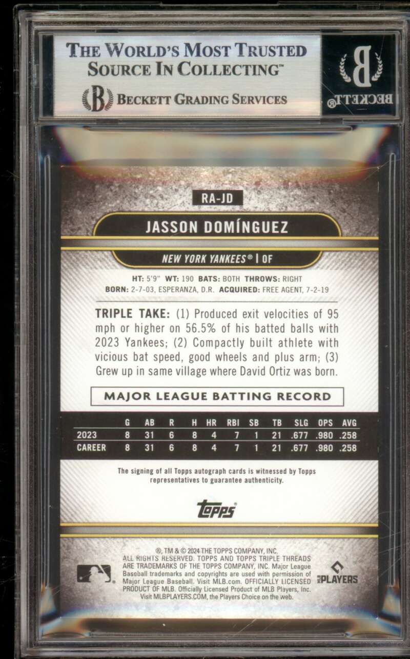 Jasson Dominguez 2024 Topps Triple Threads Rookie Autographs Sapphire #jd BGS 8 Image 2
