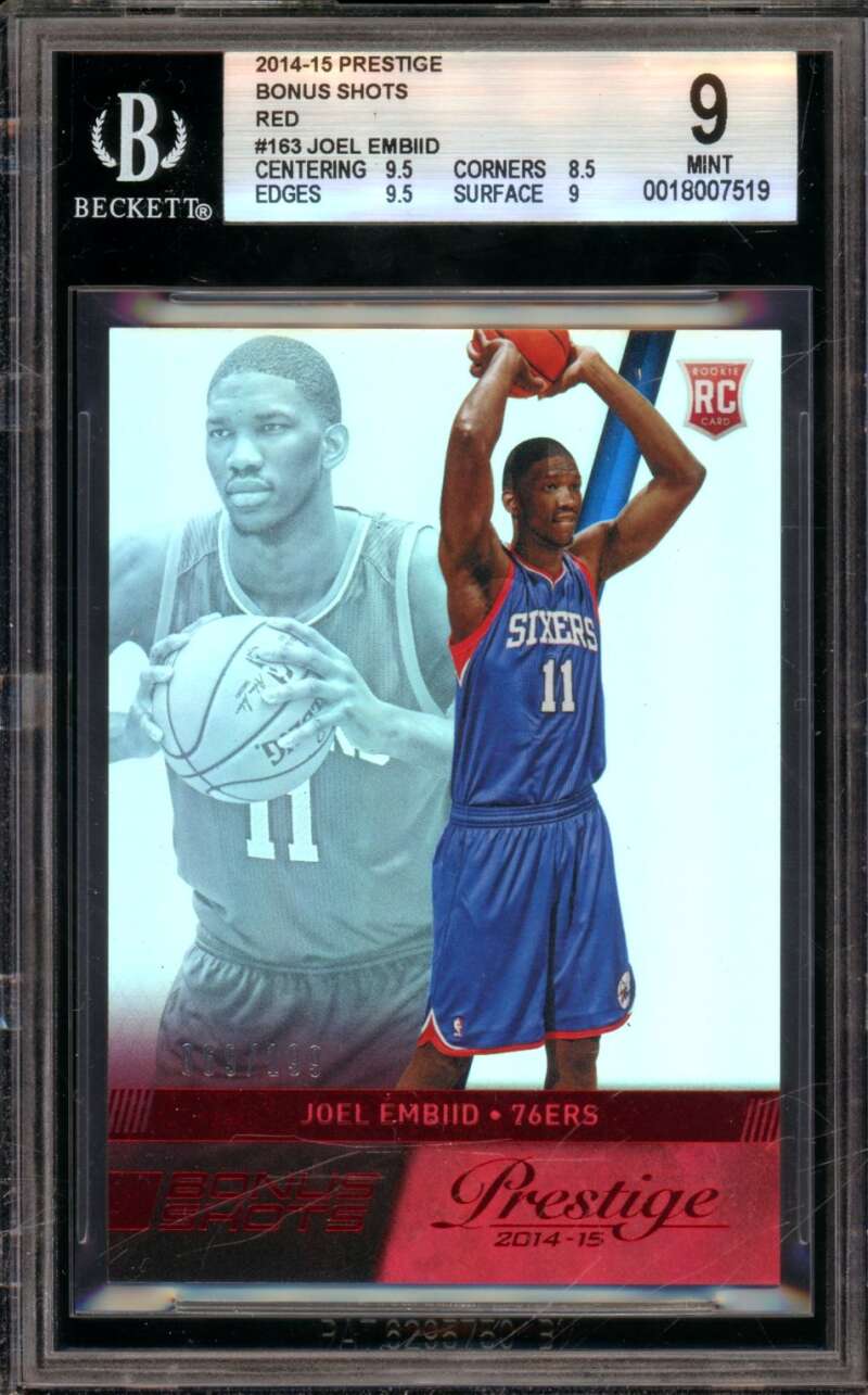 Joel Embiid Rookie Card 2014-15 Prestige Bonus Shots Red (pop 2) #163 BGS 9 Image 1