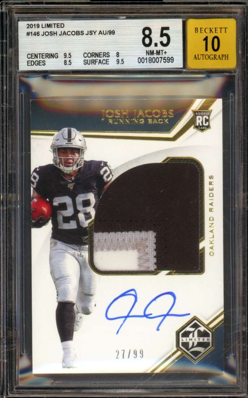 Josh Jacobs Rookie 2019 Limited Jersey Autograph (pop 1) (27/99) #146 BGS 8.5 Image 1