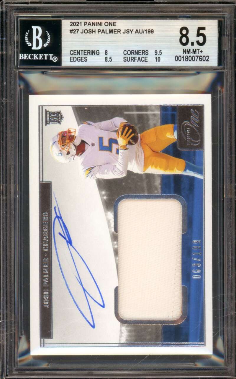 Josh Palmer Rookie Card 2021 Panini One Jersey Autograph (pop 1) #27 BGS 8.5 Image 1