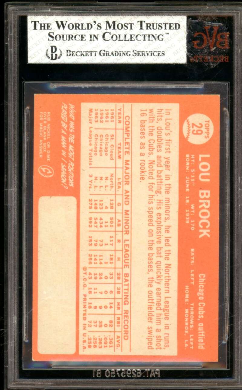 Lou Brock Card 1964 Topps #29 BGS BVG 6.5 Image 2