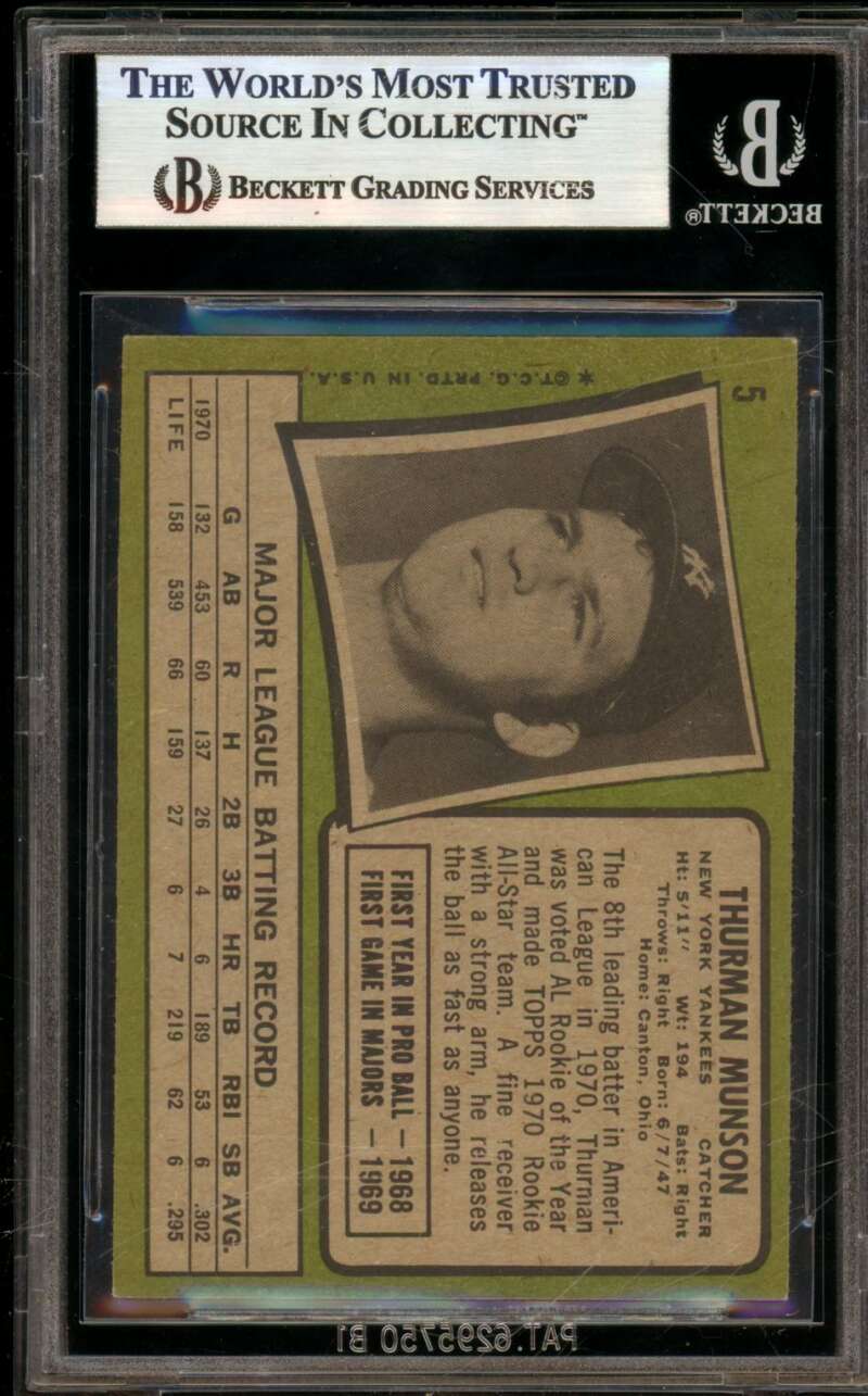 Thurman Munson Card 1971 Topps #5 BGS BVG 7 Image 2