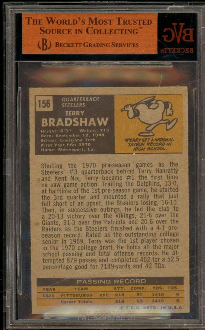 Terry Bradshaw Rookie Card 1971 Topps #156 BGS BVG 7 Image 2