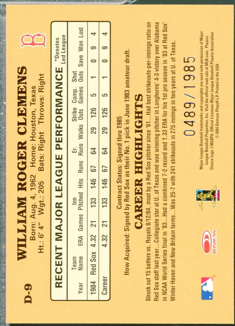 Roger Clemens Card 2004 Donruss Rookie Reprints /1985 #D9  Image 2