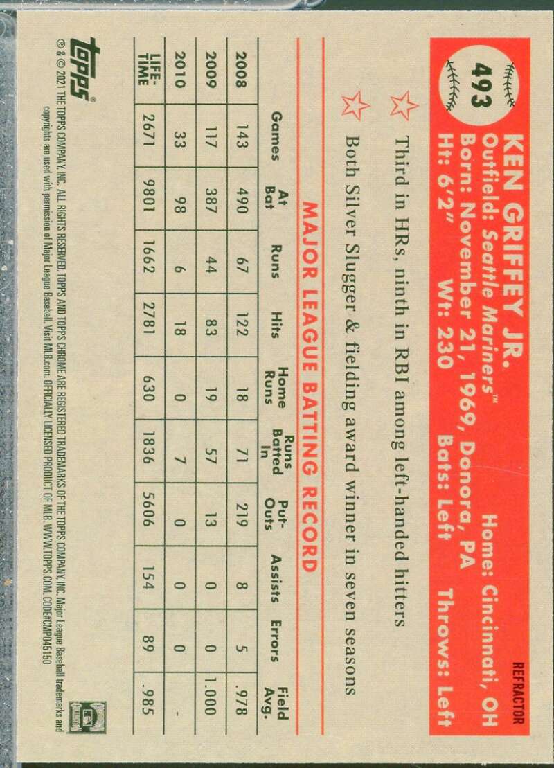 Ken Griffey Jr. Card 2021 Topps Chrome Platinum Anniversary Refractors #493  Image 2