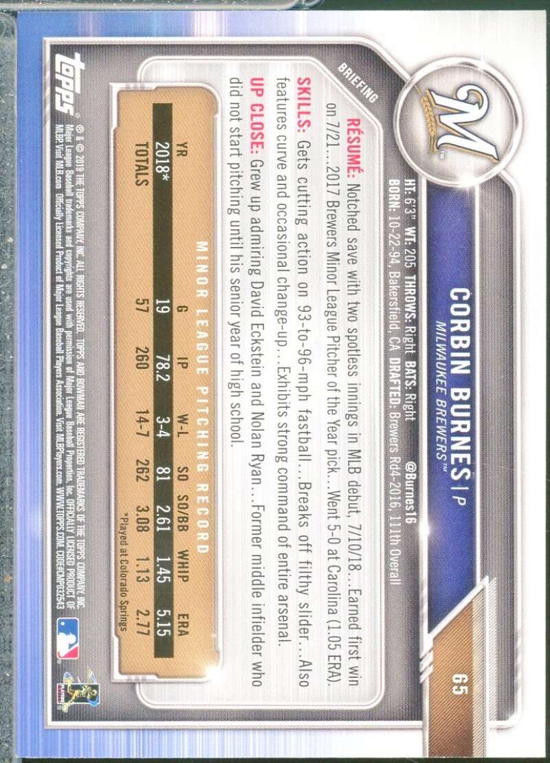 Corbin Burnes 2024 Topps Archives Signature Series 2019 Bowman Autograph 99 #65  Image 2