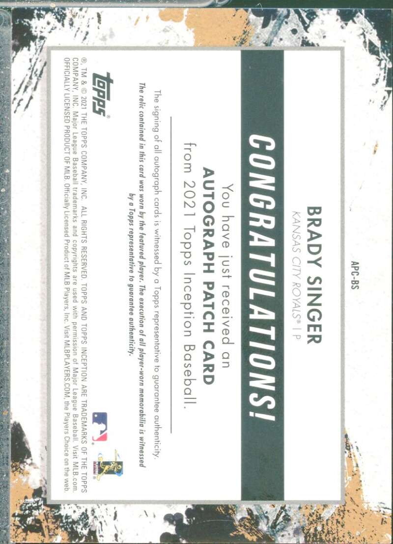 Brady Singer Rookie 2021 Topps Inception Jersey Patch Auto Green /99 #APCBS  Image 2