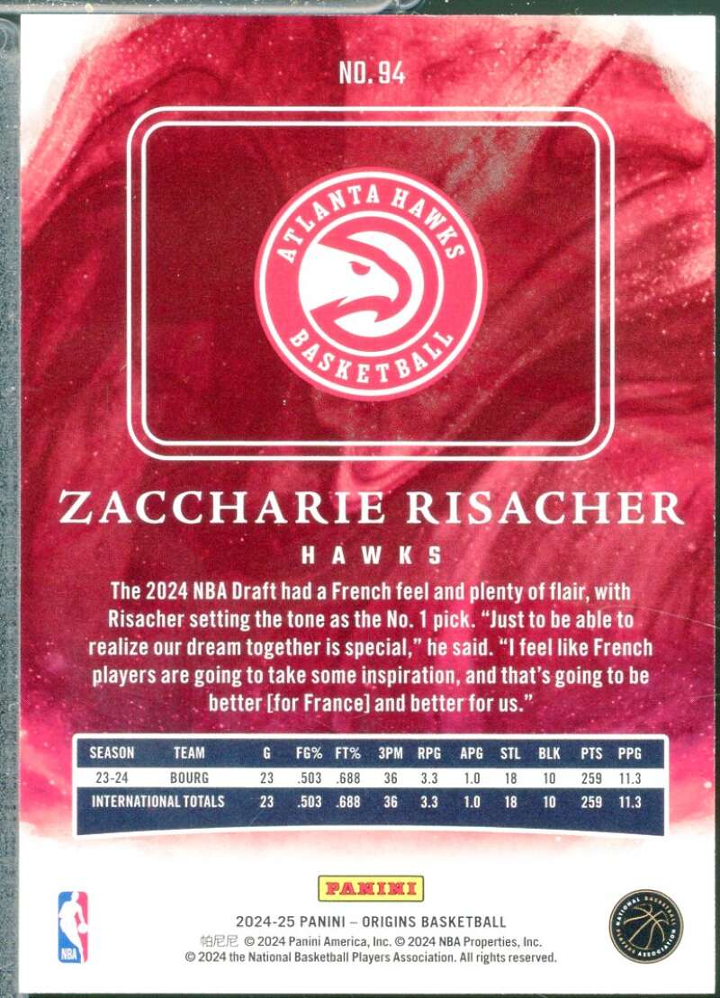 Zaccharie Risacher Rookie Card 2024-25 Panini Origins #94  Image 2