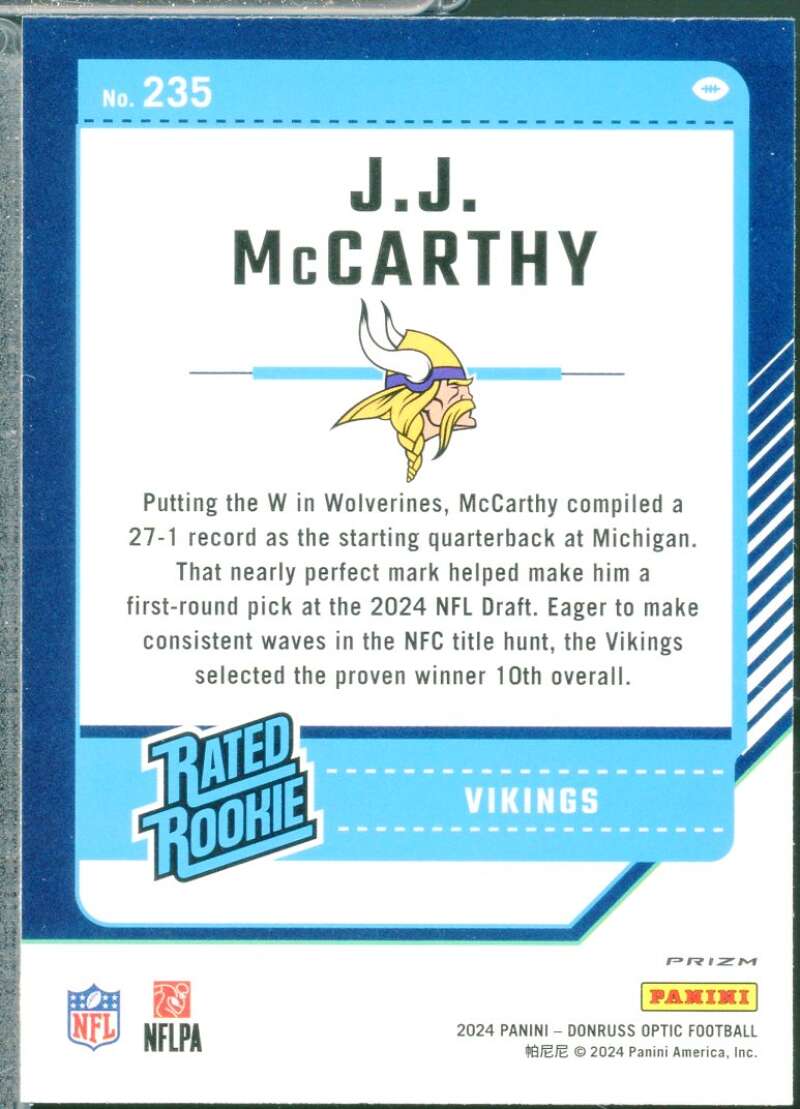 JJ McCarthy Rookie Card 2024 Donruss Optic Rated Rookie Blue Hyper #235  Image 2