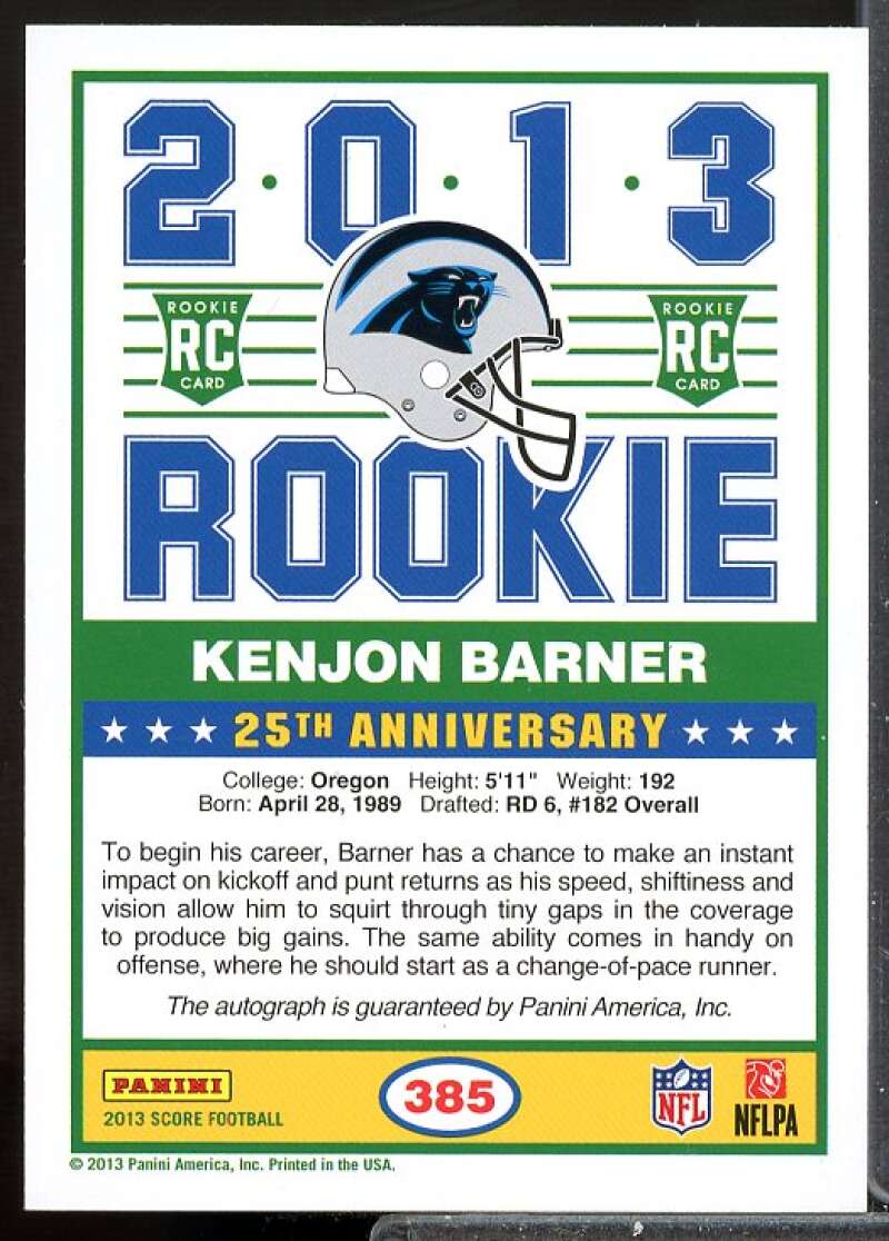 Kenjon Barner Card 2013 Score Rookie Signatures #385  Image 2
