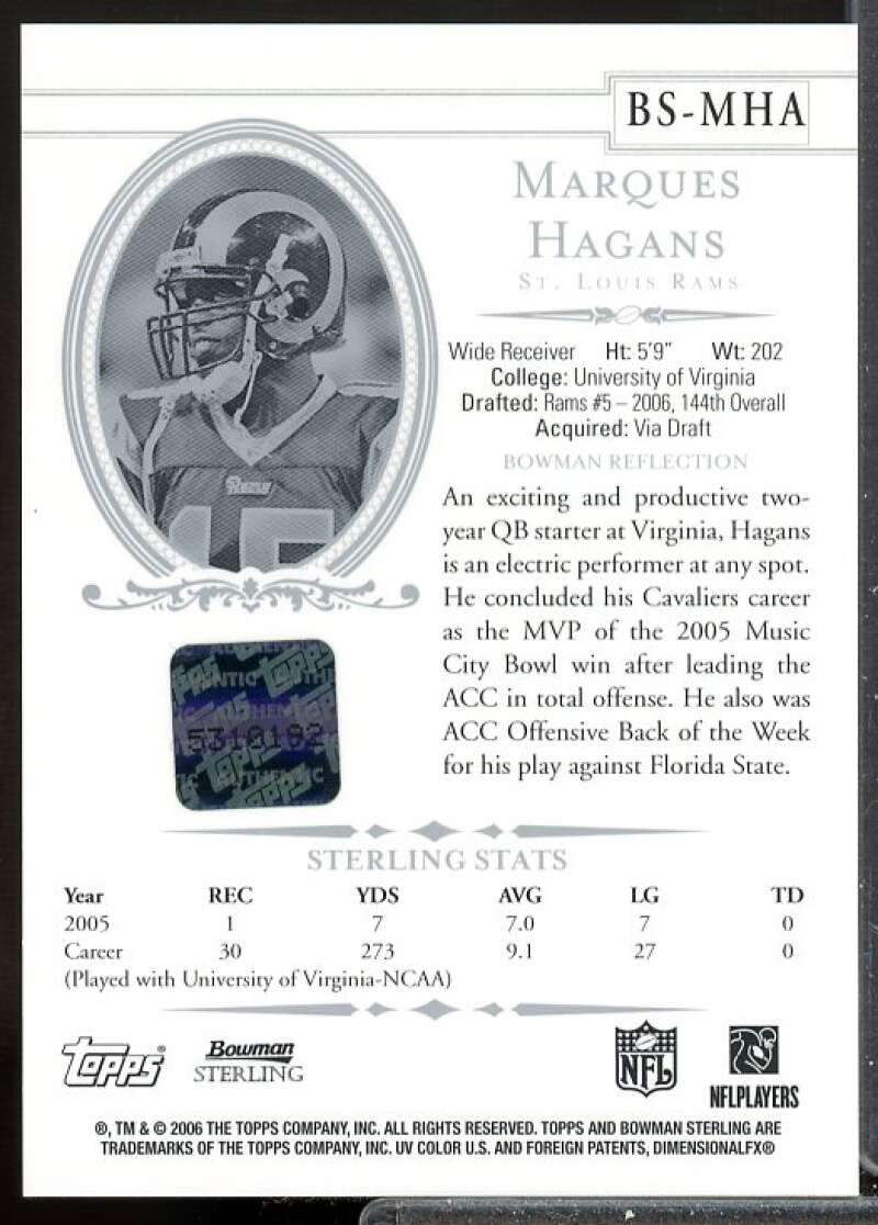 Marques Hagans AU RC Card 2006 Bowman Sterling Rookie Auto #MHA  Image 2