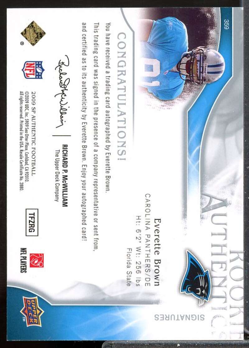 Everette Brown AU/299 RC Card 2009 SP Authentic Rookie Auto #359  Image 2