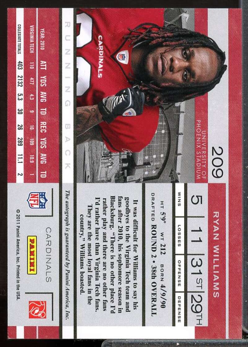 Ryan Williams AU RC Card 2011 Playoff Contenders Rookie Auto #209A  Image 2