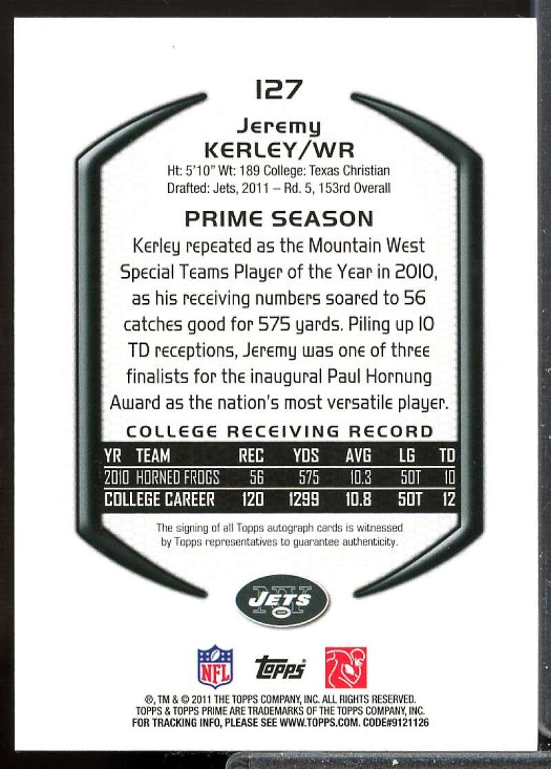 Jeremy Kerley/450 Card 2011 Topps Prime Rookie Autographs #127  Image 2