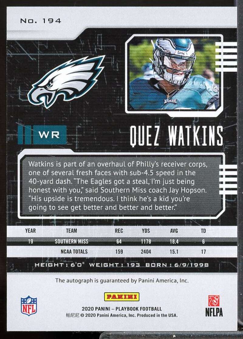 Quez Watkins Card 2020 Panini Playbook Rookies Signatures #194  Image 2