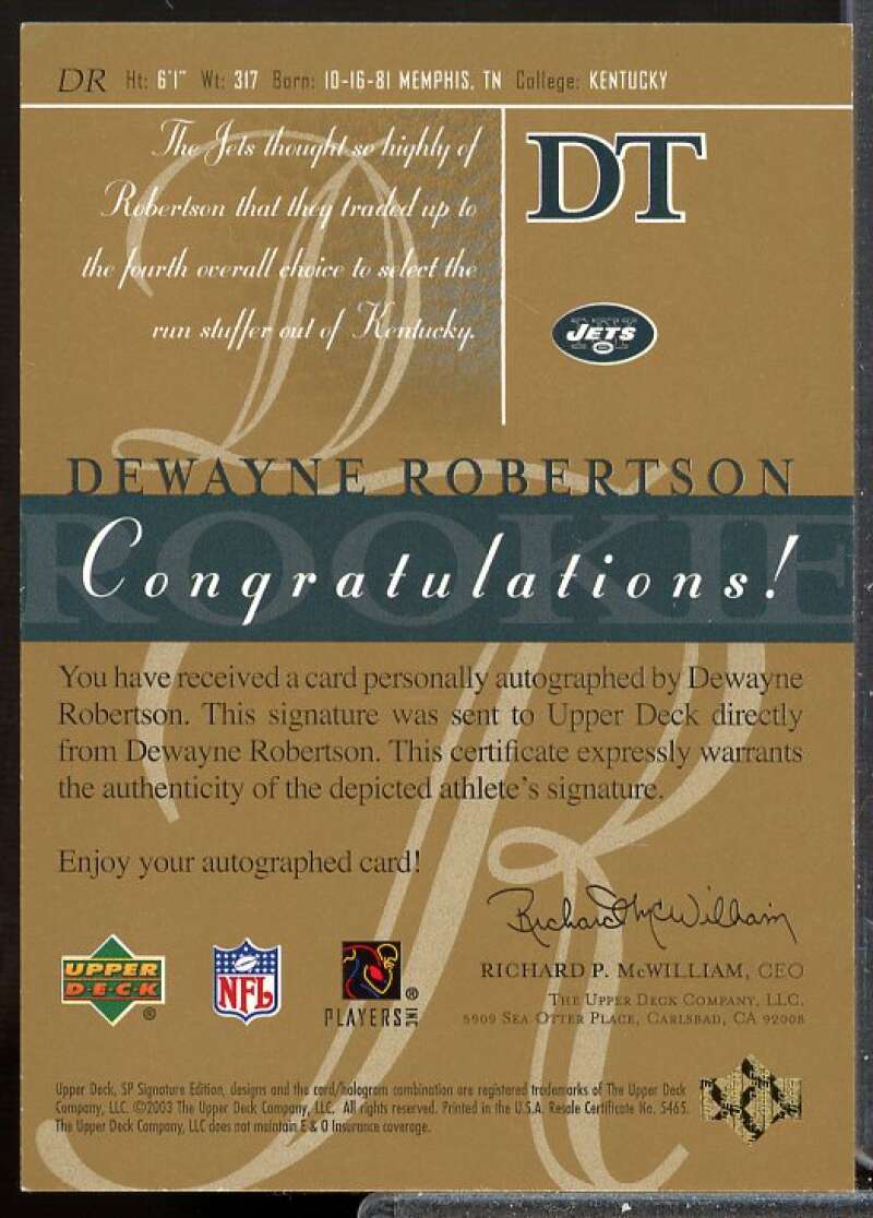 DeWayne Robertson Card 2003 SP Signature Autographs Black Ink #DR  Image 2