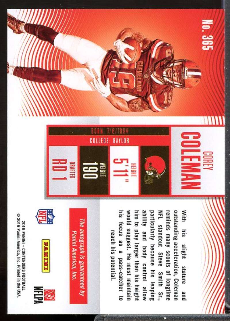 Corey Coleman AU SP A Card 2016 Panini Contenders Rookie Auto #365  Image 2