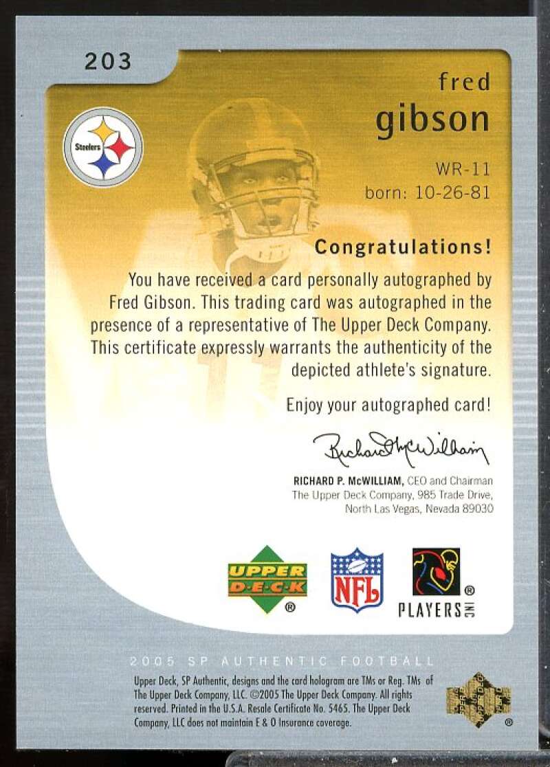Fred Gibson AU RC Card 2005 SP Authentic Rookie Auto #203  Image 2
