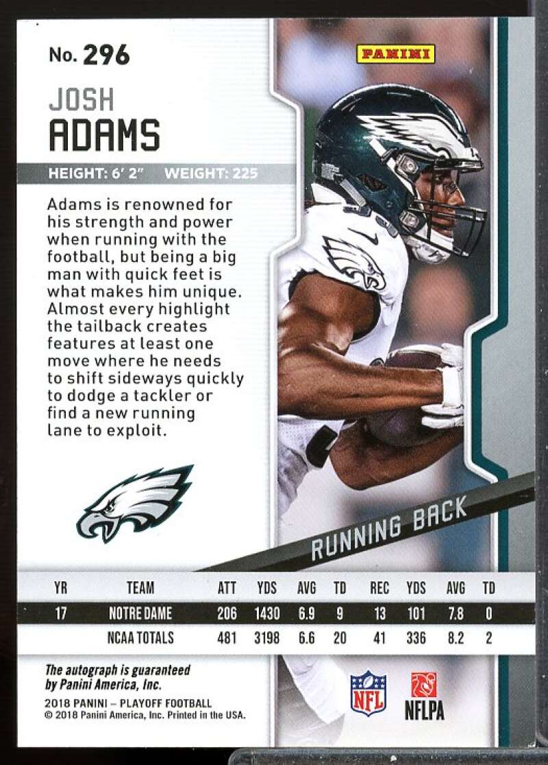 Josh Adams Card 2018 Playoff Rookie Autographs Red Zone #296  Image 2