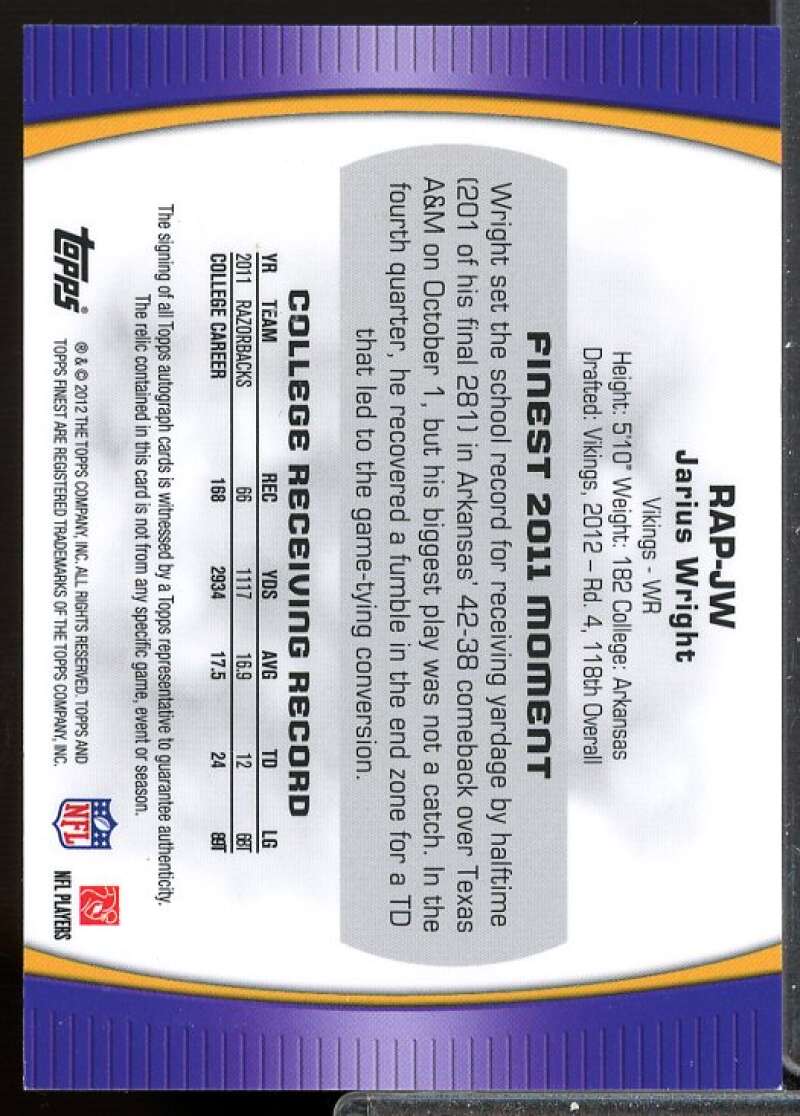 Jarius Wright/1353 Card 2012 Finest Rookie Patch Autographs Refractors #RAPJW  Image 2