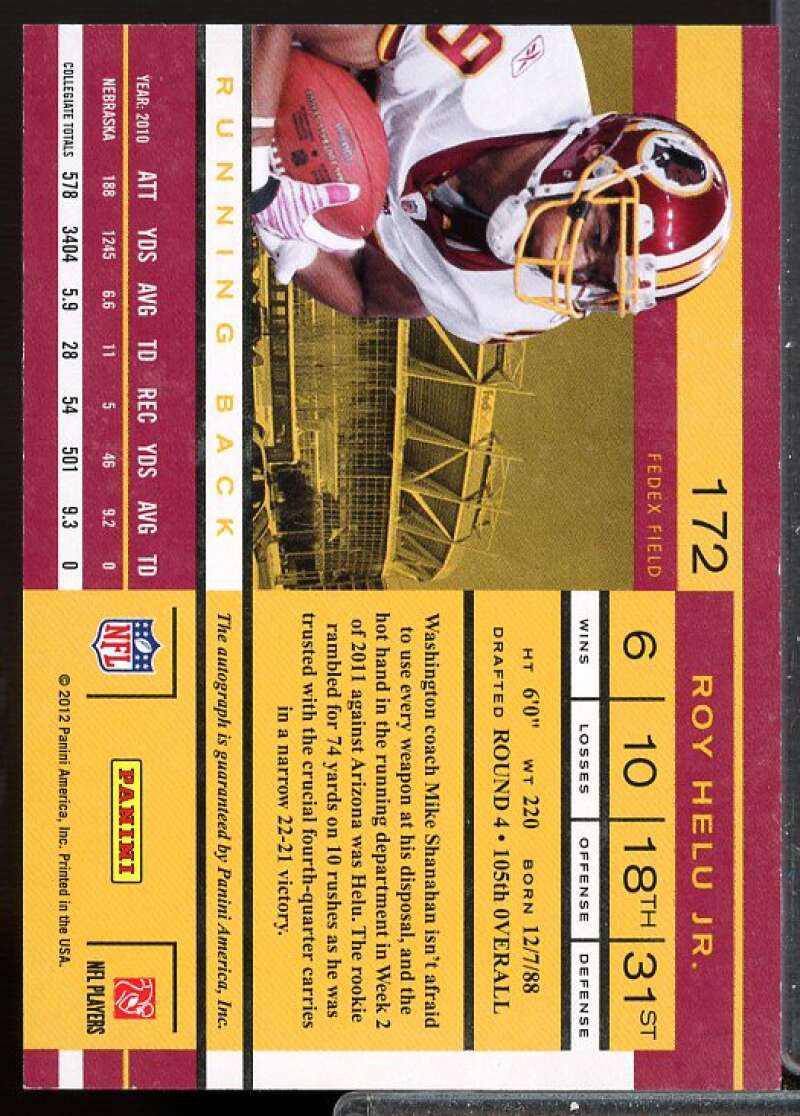 Roy Helu AU RC Card 2011 Playoff Contenders Rookie Auto #172  Image 2