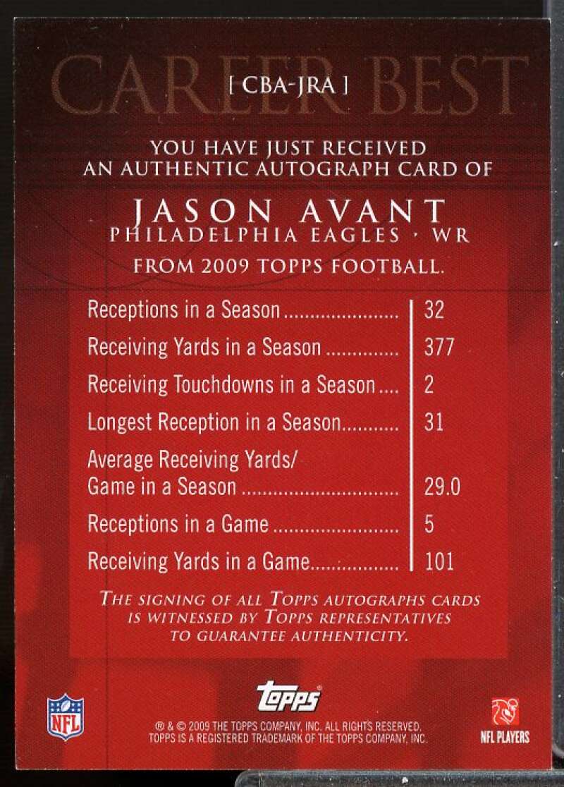 Jason Avant B Card 2009 Topps Career Best Autographs #JA2  Image 2
